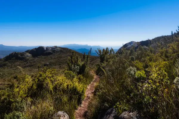 “Trilha natural em Lambari (MG) cercada por vegetação da Serra da Mantiqueira sob céu azul”