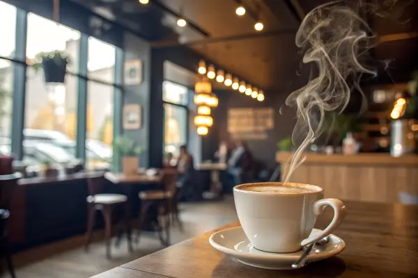 “Xícara de café quente soltando vapor em cafeteria aconchegante, representando a tradição do café em Carmo de Minas, MG.”