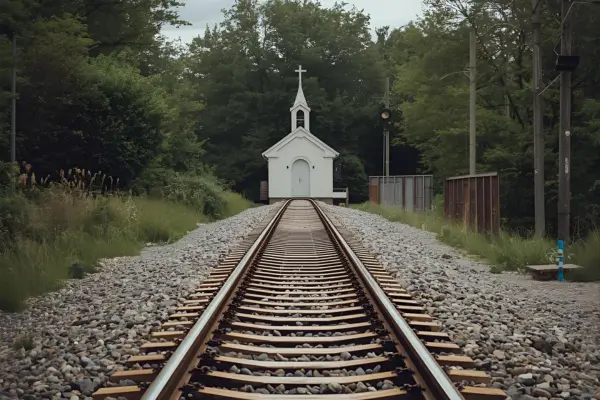 “Trilhos de trem conduzindo a uma capela isolada no interior, entre árvores e silêncio.”