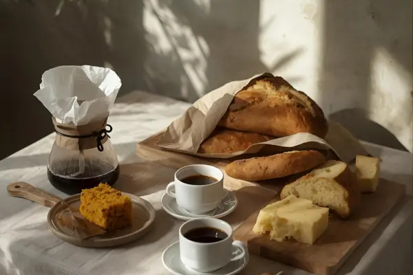 Café, pães e bolo na mesa.